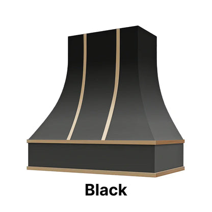 Wood Range Hood With Curved Front and Brass Strapping and Flat Trim - 30" 36" 42" 48" 54" and 60" Widths Available