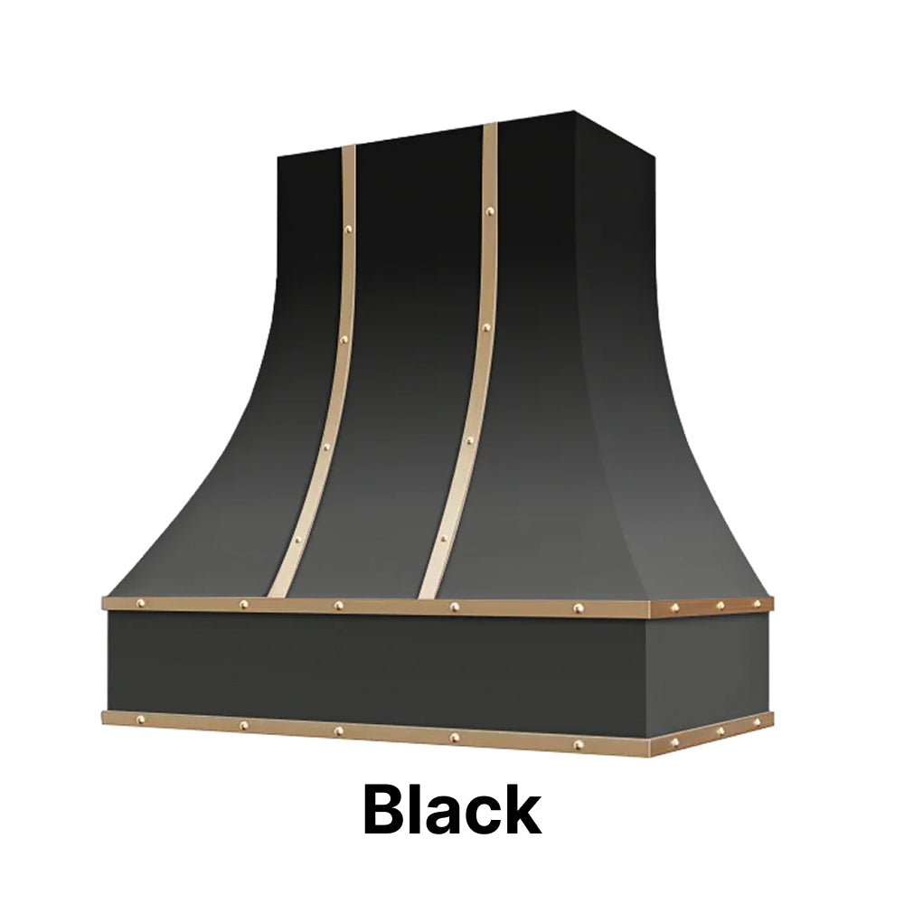 Wood Range Hood With Curved Front, Brass Strapping and Buttons - 30", 36", 42", 48", 54" and 60" Widths Available
