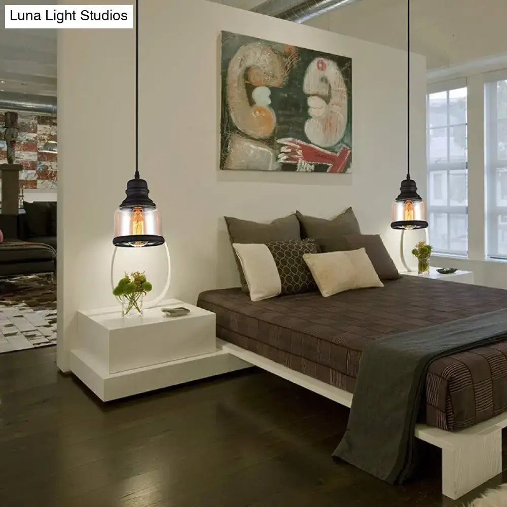 Industrial black cylinder pendant lighting bedroom clear glass shade