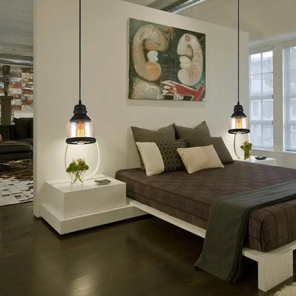 Industrial black cylinder pendant lighting bedroom clear glass shade