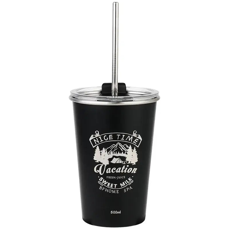 Black insulated vacation bubble tea tumbler with straw kitchen cup