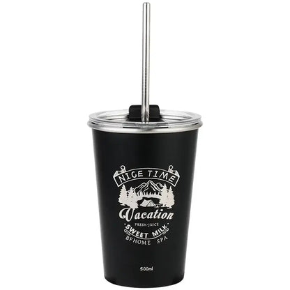Black insulated vacation bubble tea tumbler with straw kitchen cup