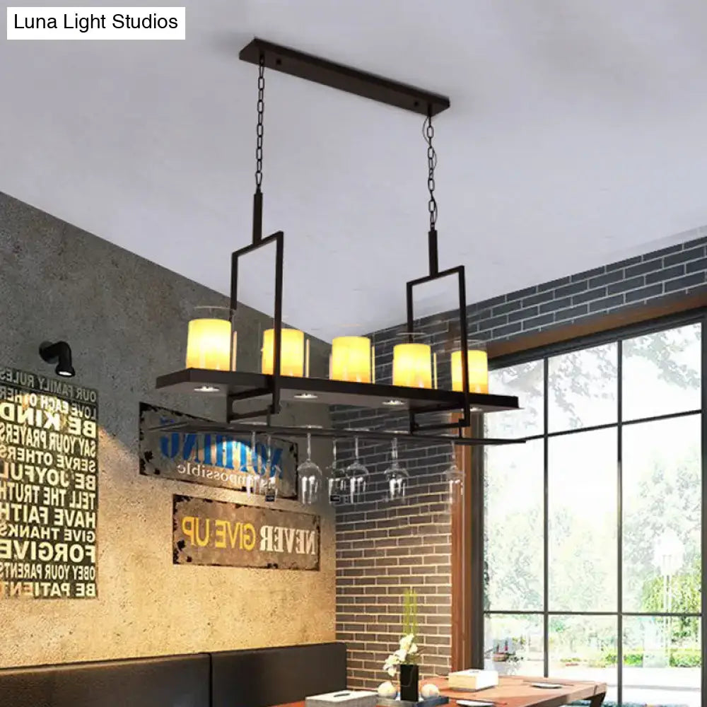 Traditional black island light fixture with wine glass holders kitchen