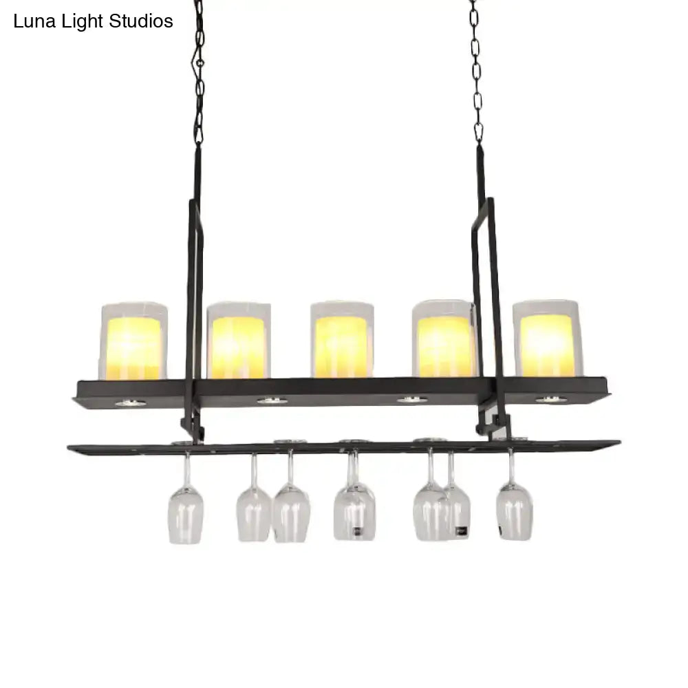 Traditional black island light fixture with wine glass holders kitchen