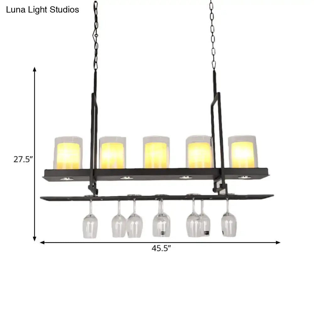 Traditional black island light fixture with wine glass holders kitchen