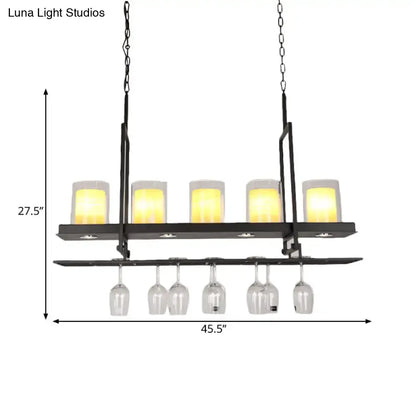 Traditional black island light fixture with wine glass holders kitchen