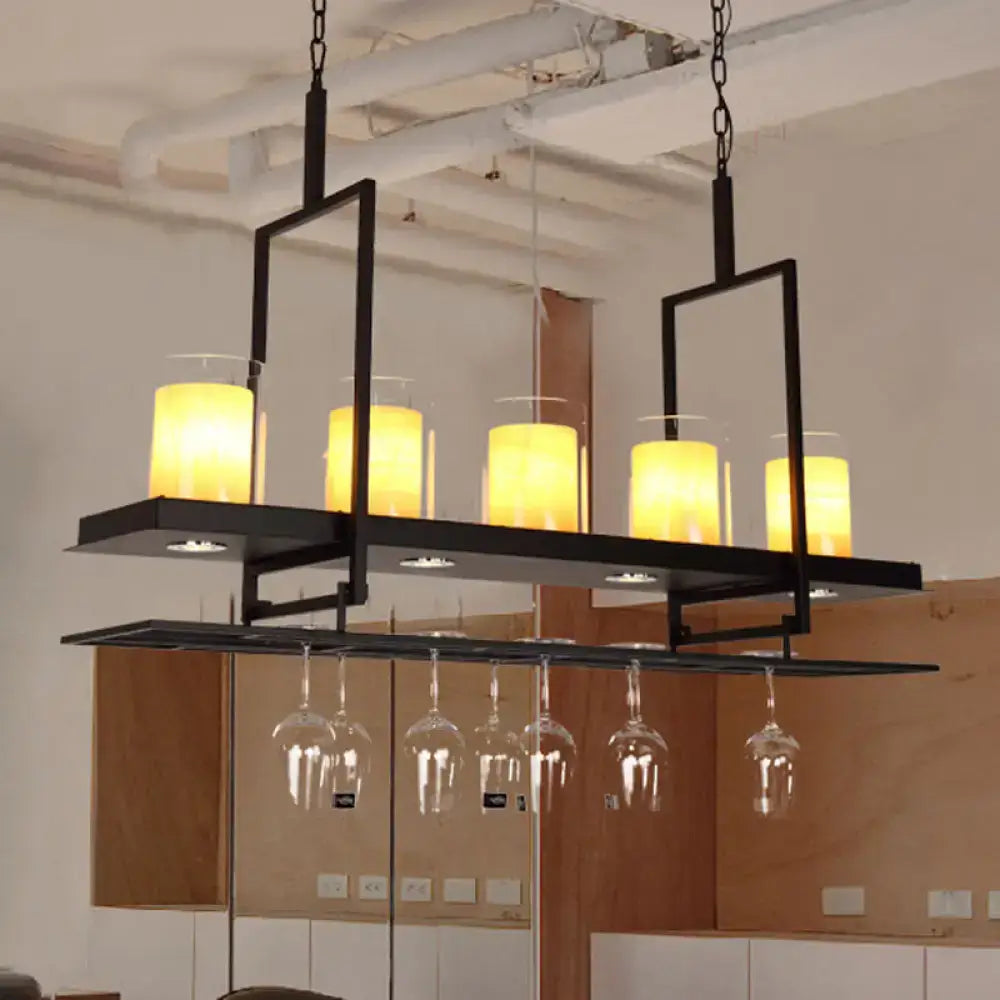 Traditional black island light fixture with wine glass holders kitchen