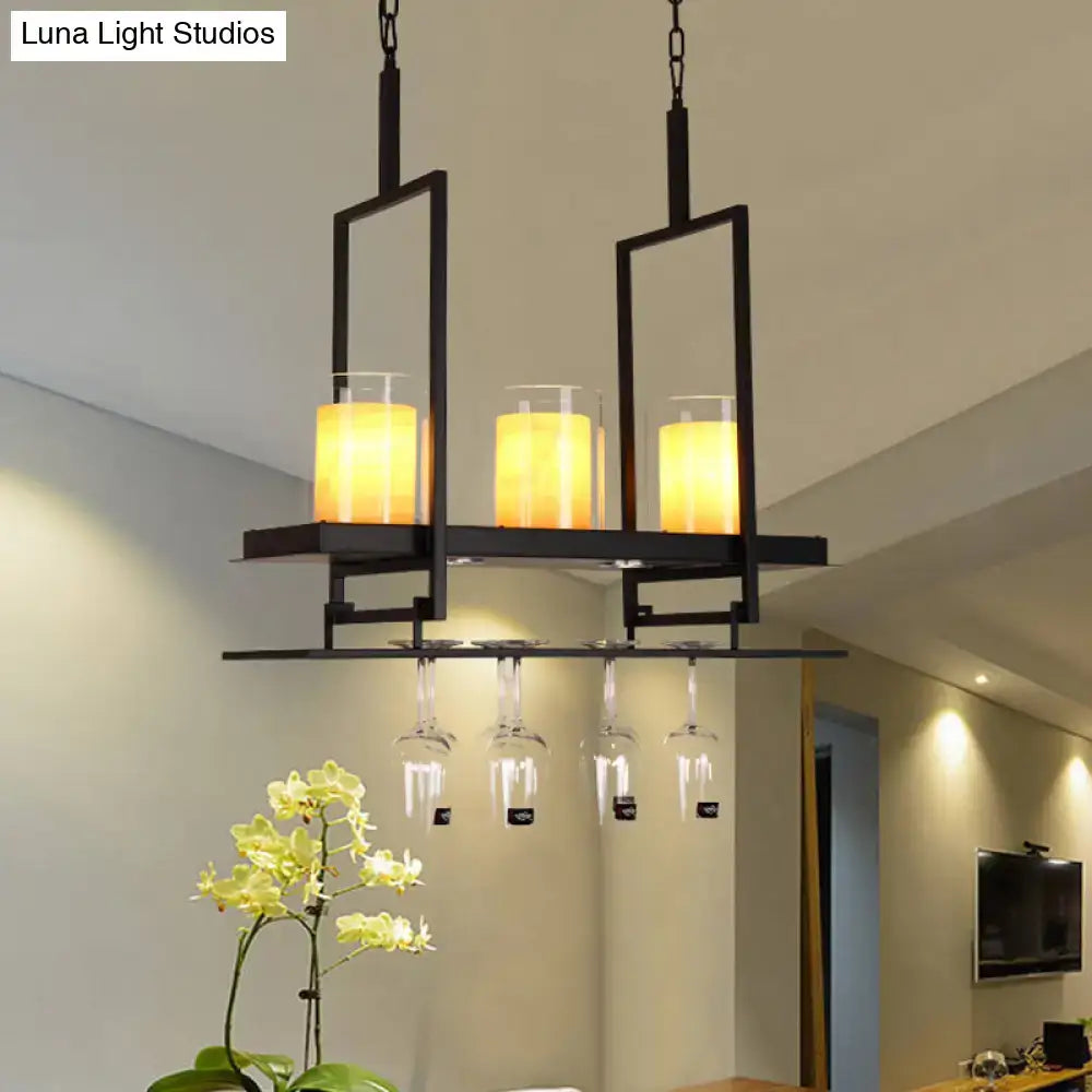 Traditional black island light fixture with wine glass holders kitchen