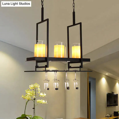 Traditional black island light fixture with wine glass holders kitchen