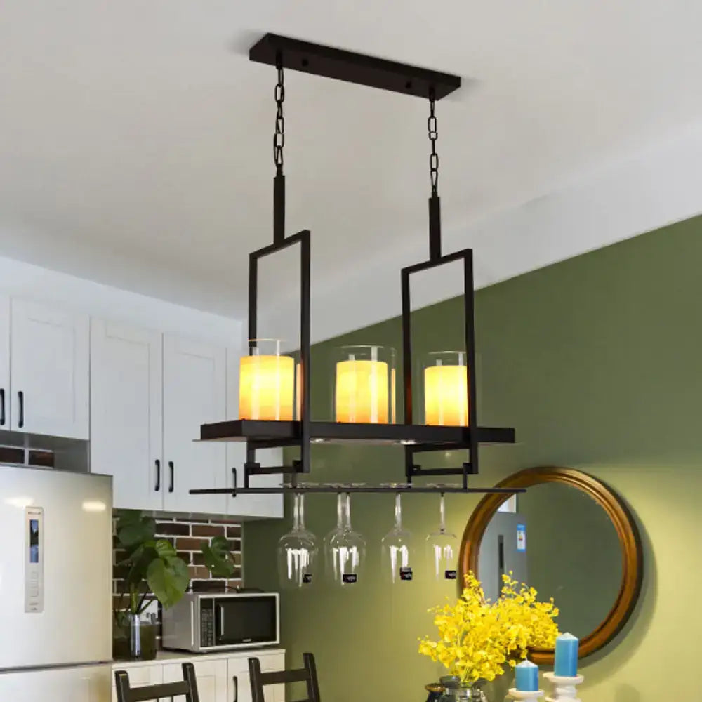 Traditional black island light fixture with wine glass holders kitchen