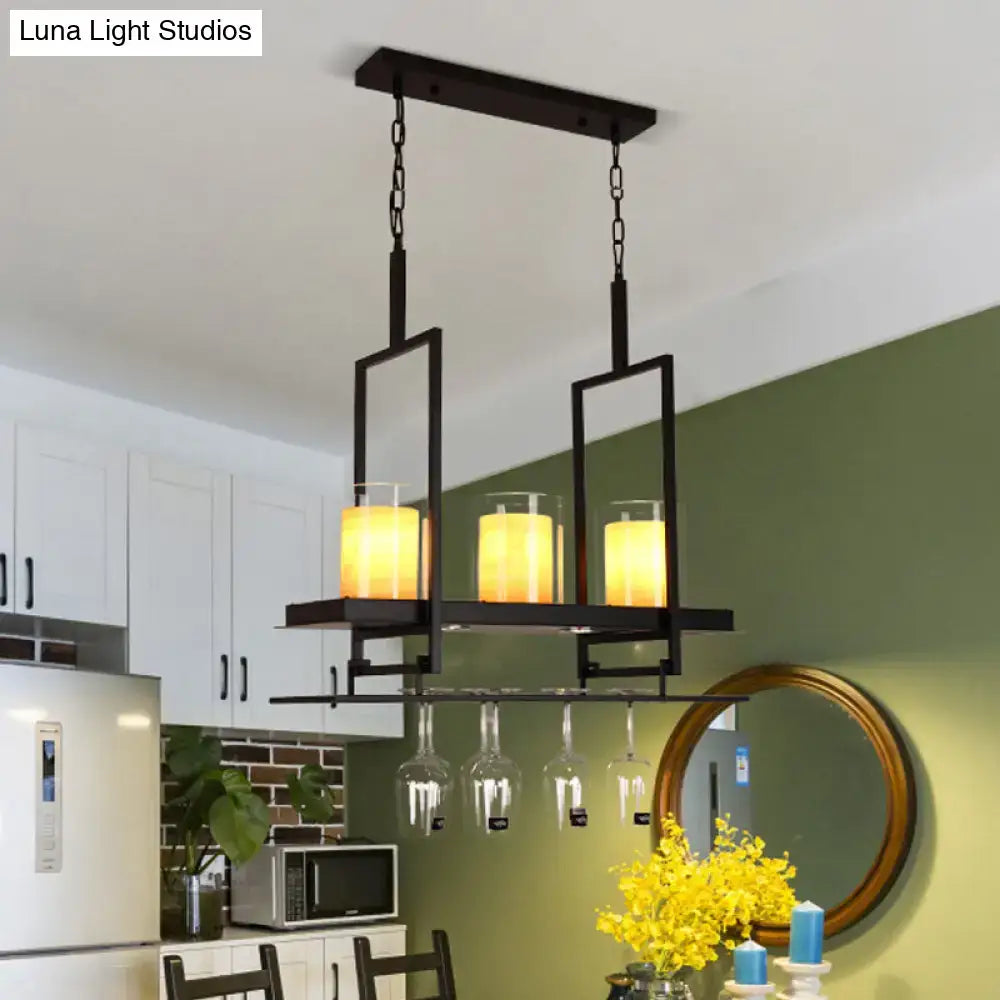 Traditional black island light fixture with wine glass holders kitchen