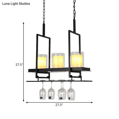 Traditional black island light fixture with wine glass holders kitchen