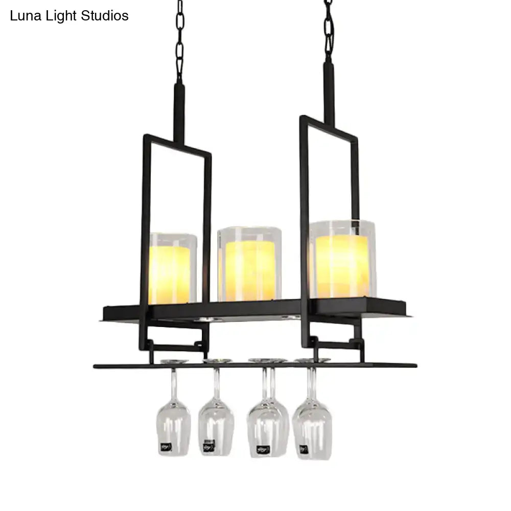 Traditional black island light fixture with wine glass holders kitchen