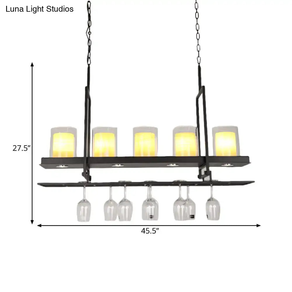 Traditional black island light fixture with wine glass holders kitchen
