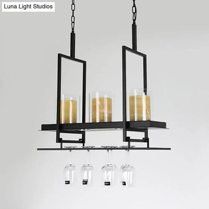 Traditional black island light fixture with wine glass holders kitchen