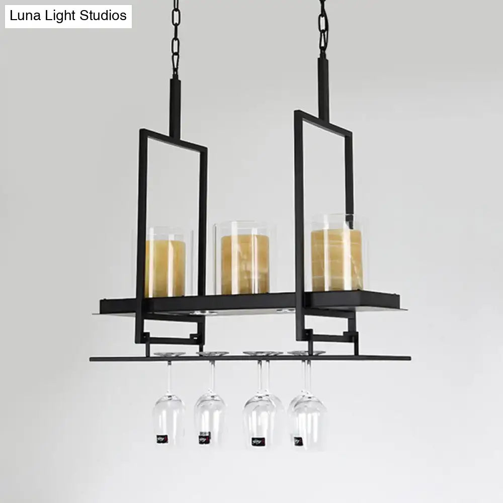 Traditional black island light fixture with wine glass holders kitchen