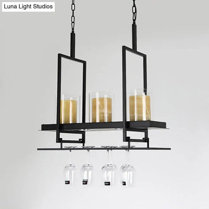 Traditional black island light fixture with wine glass holders kitchen