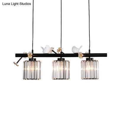 DecorBites™ Black Island Pendant Light with Clear Crystal Cylinder and Lodge Style Accents - 3 Lights, Bird and Flower Design