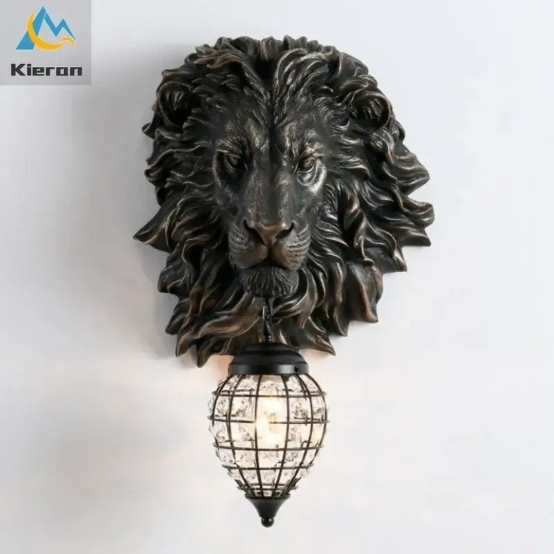 Black lion head wall lamp with glass globe for living room