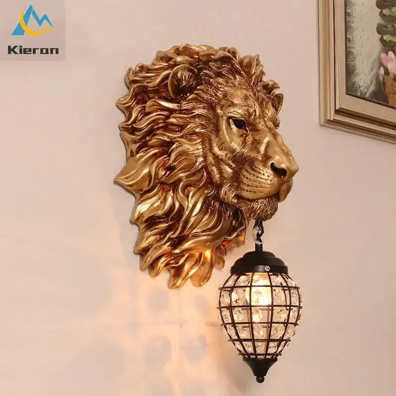 Black lion head wall lamp with glass globe for living room