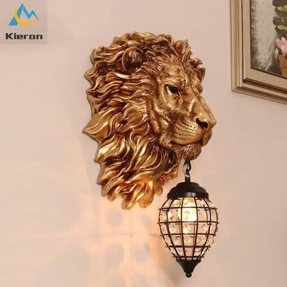 Black lion head wall lamp with glass globe for living room