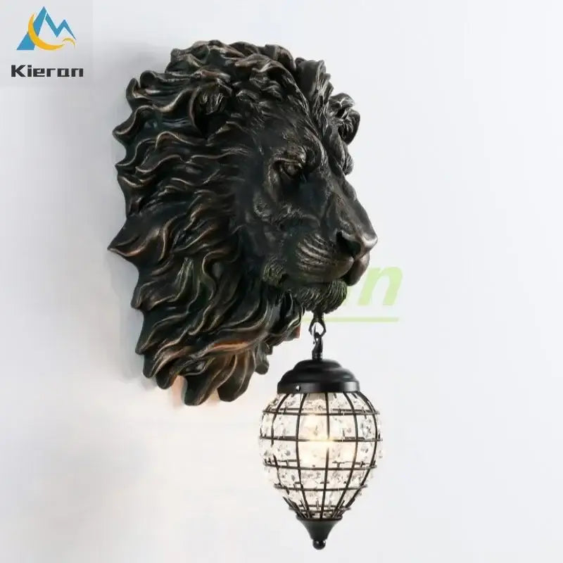 Black lion head wall lamp with glass globe for living room
