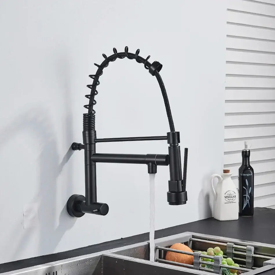 Black matte dual spout kitchen faucet with flexible hose