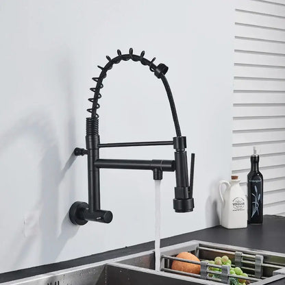Black matte dual spout kitchen faucet with flexible hose