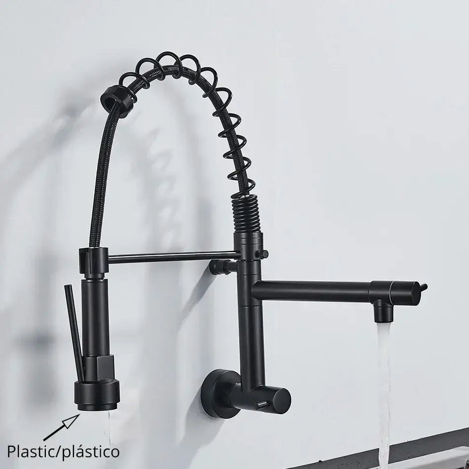 Black matte dual spout kitchen faucet with flexible hose