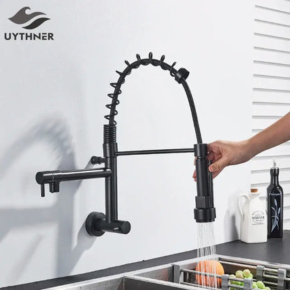 Black matte dual spout kitchen faucet with flexible hose