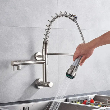 Black matte dual spout kitchen faucet with flexible hose
