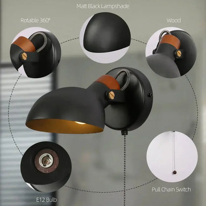 Black matte led wall sconce with wood pull chain bedroom light