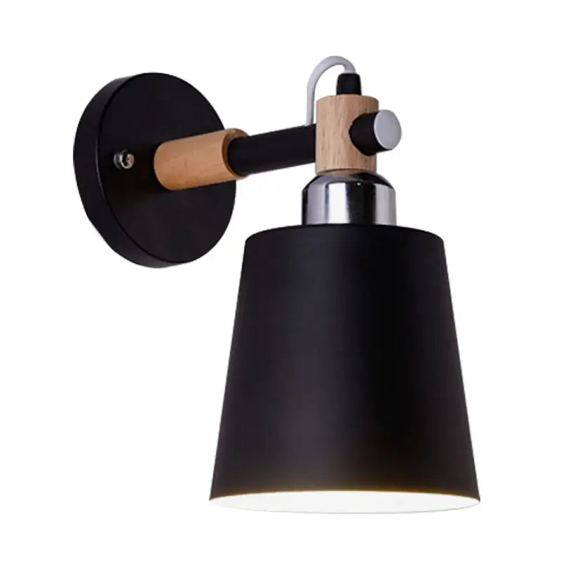 Black matte wall lamp with empire shade and wood arm for stairs