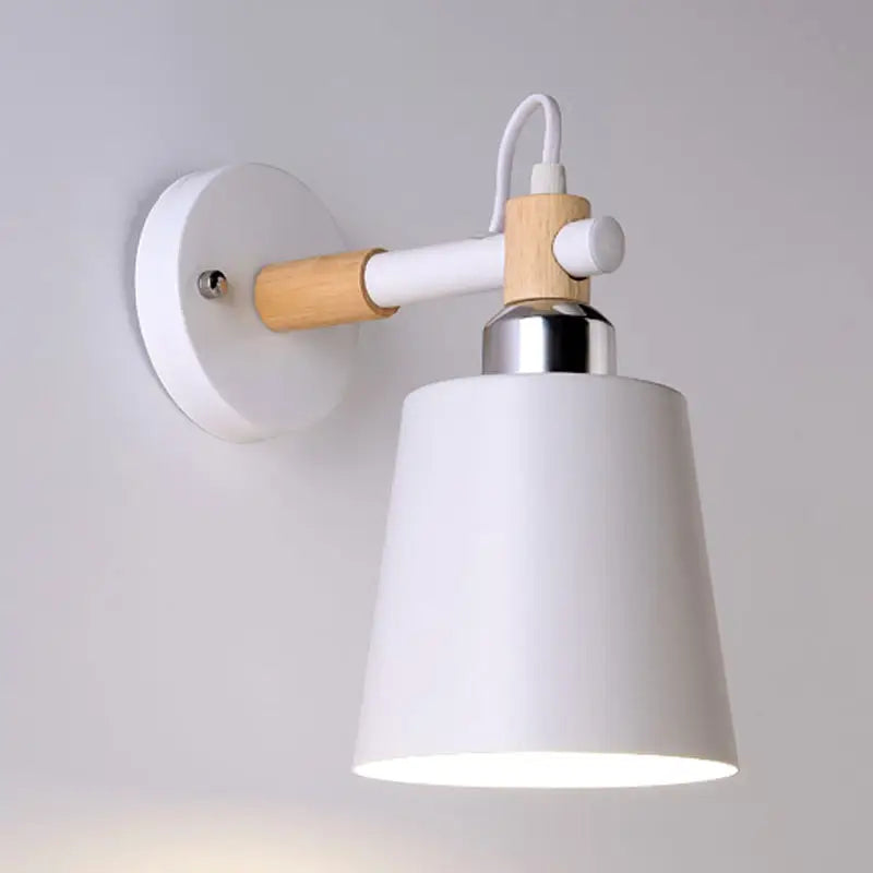Black matte wall lamp with empire shade and wood arm for stairs