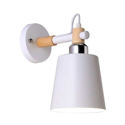 Black matte wall lamp with empire shade and wood arm for stairs
