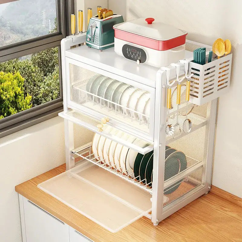 Black mesh double layer dish drying rack kitchen storage with drawers