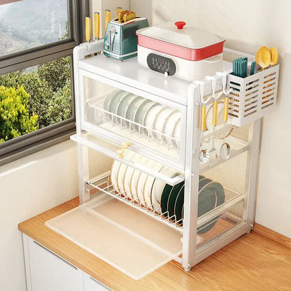 Black mesh double layer dish drying rack kitchen storage with drawers