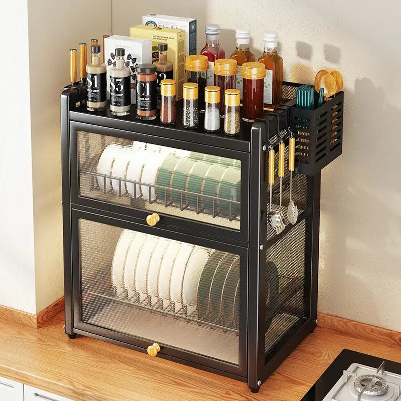 Black mesh double layer dish drying rack kitchen storage with drawers