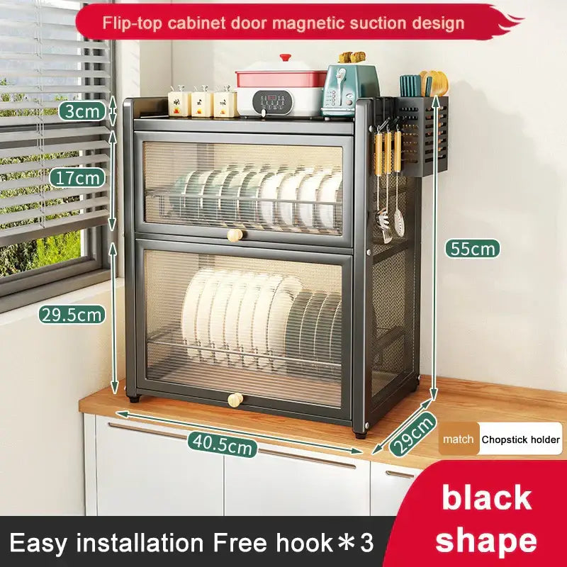 Black mesh double layer dish drying rack kitchen storage with drawers
