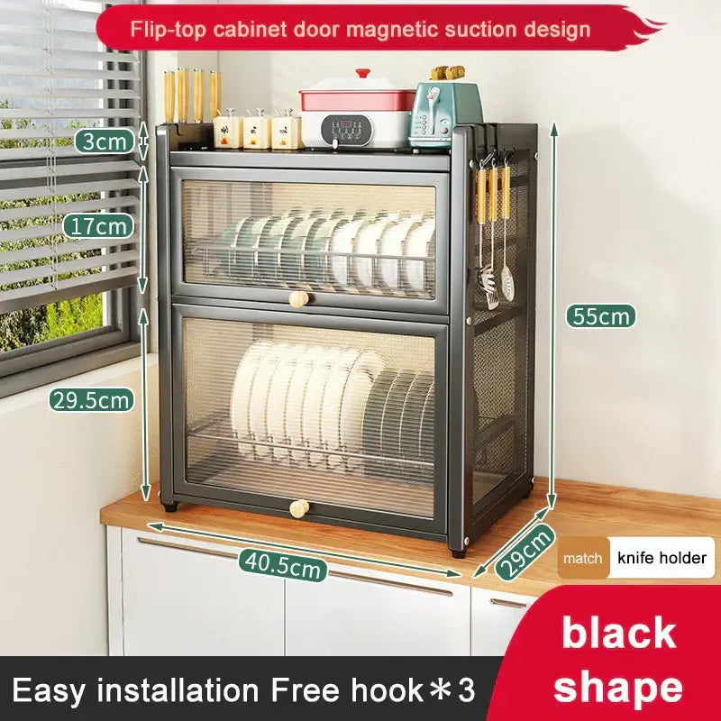 Black mesh double layer dish drying rack kitchen storage with drawers