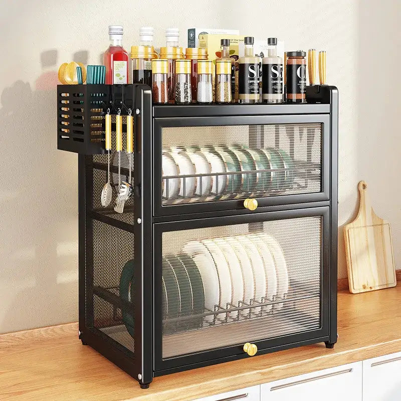 Black mesh double layer dish drying rack kitchen storage with drawers