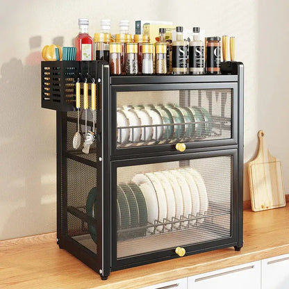 Black mesh double layer dish drying rack kitchen storage with drawers