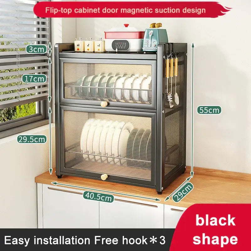 Black mesh double layer dish drying rack kitchen storage with drawers