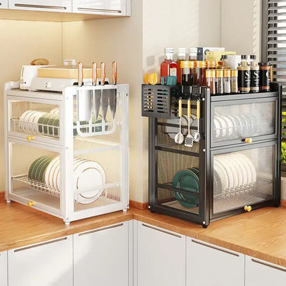 Black mesh double layer dish drying rack kitchen storage with drawers