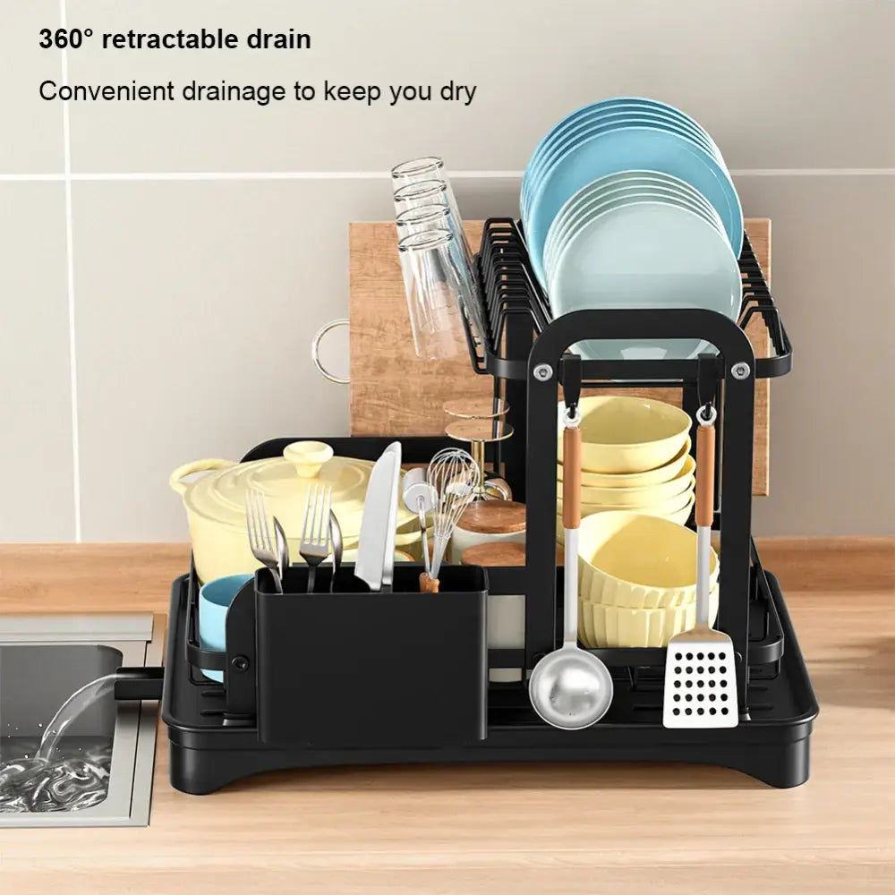 Black metal 2 tier dish drainer storage rack for kitchen organization