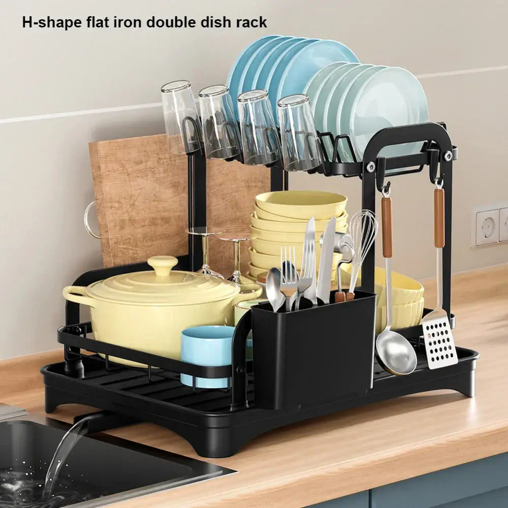 Black metal 2 tier dish drainer storage rack for kitchen organization