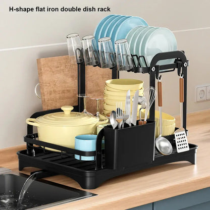 Black metal 2 tier dish drainer storage rack for kitchen organization