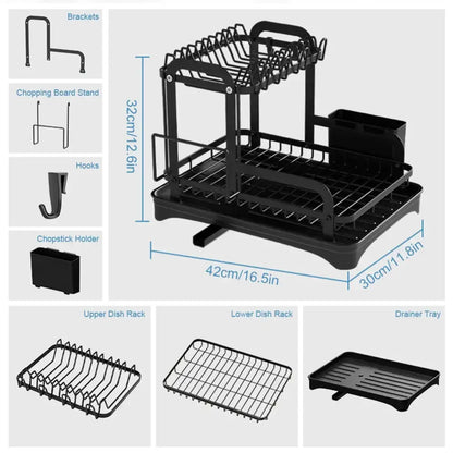Black metal 2 tier dish drainer storage rack for kitchen organization