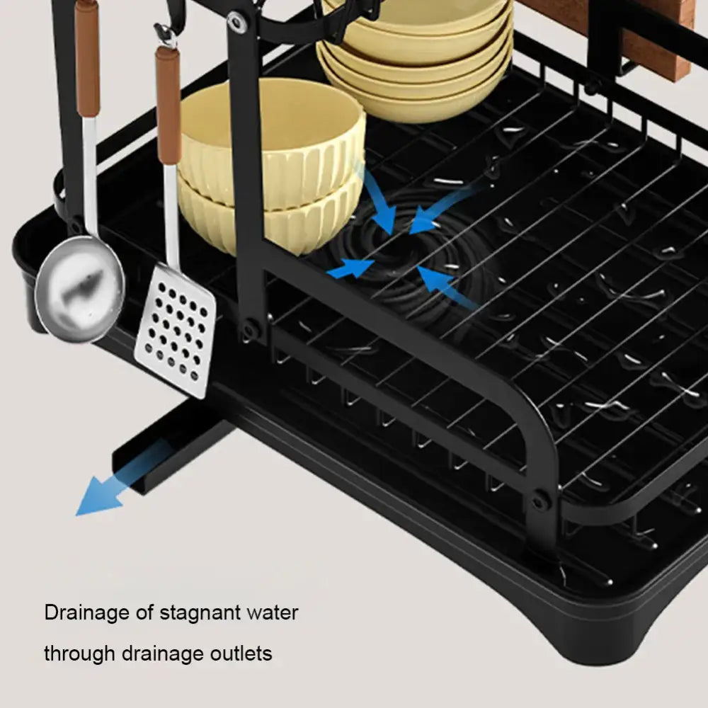 Black metal 2 tier dish drainer storage rack for kitchen organization
