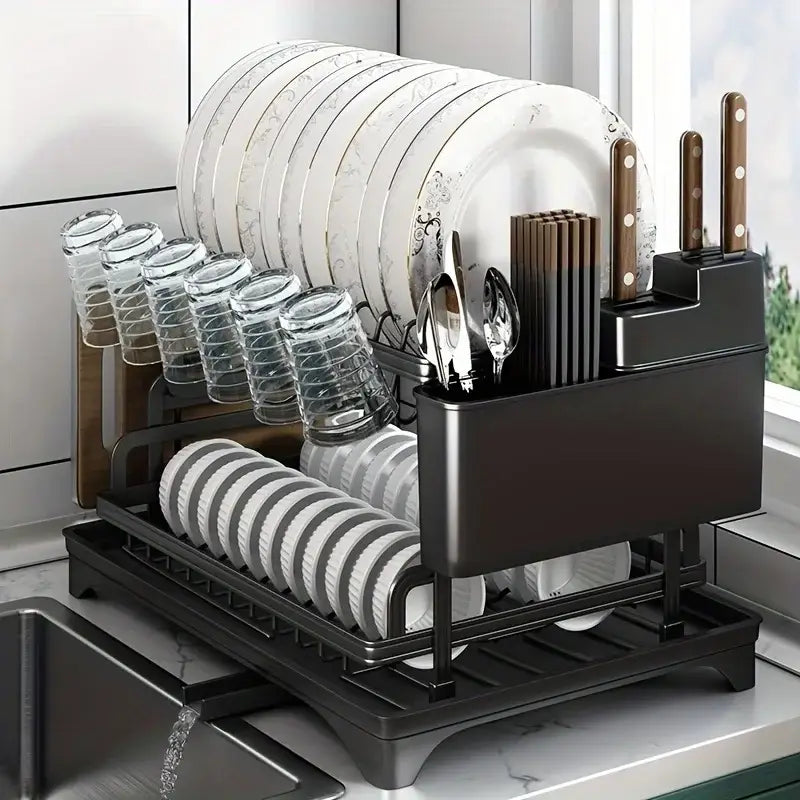 Black metal 2 tier dish drying rack kitchen storage holder